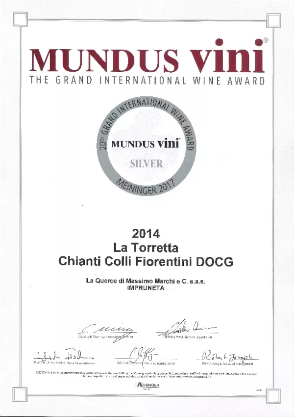 Mundus Vini 2017: Silver Medal for Chianti Colli Fiorentini La Torretta 2014